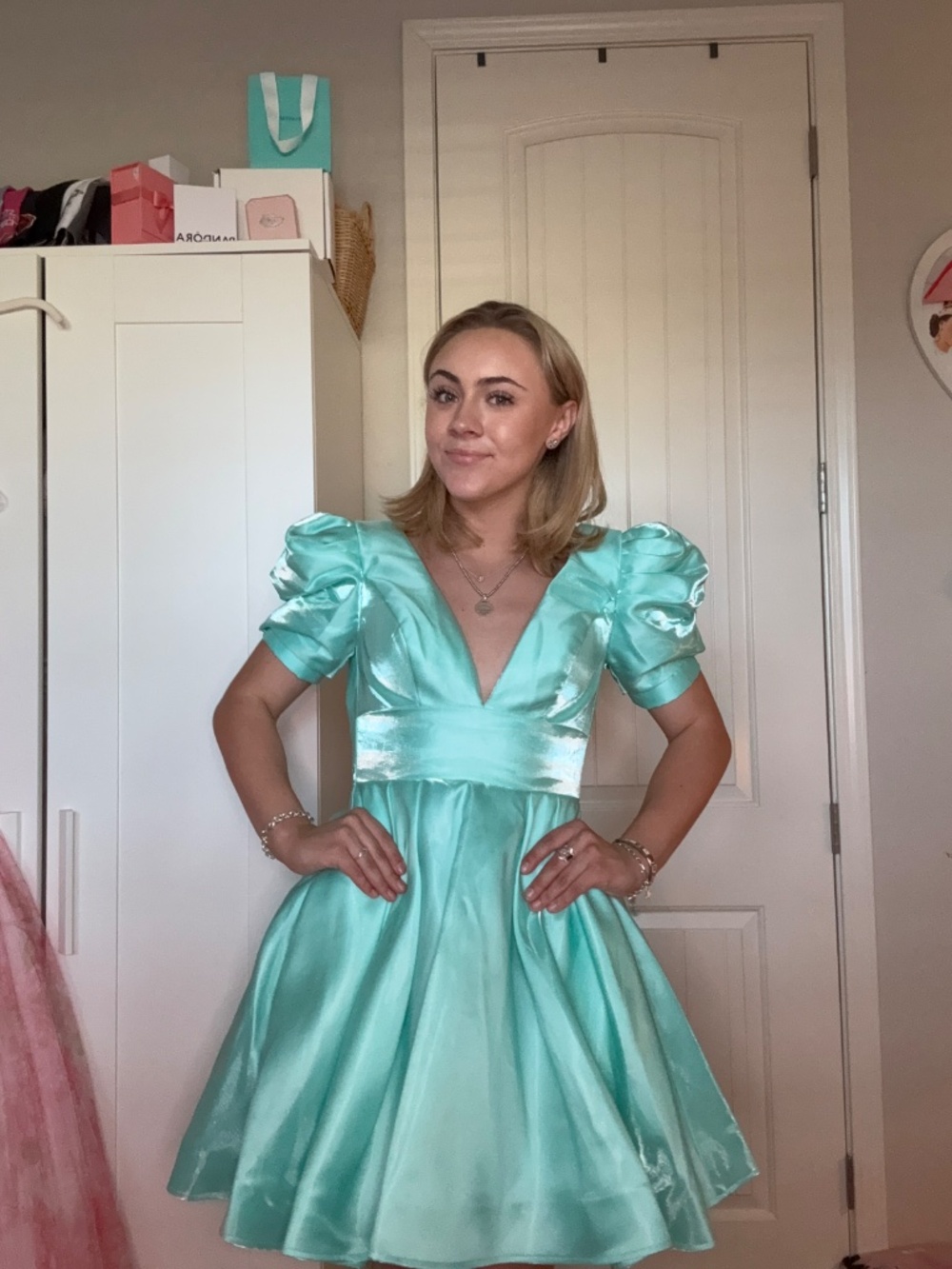 Johnathan Kayne - Mint Satin Puff Sleeve Dress - Picture 2 of 2